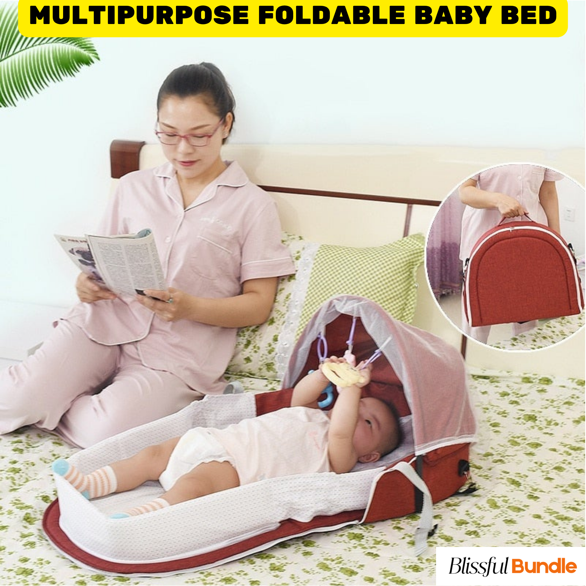 Multipurpose Foldable Baby Bed with Mosquito Net - Blissful Bundle